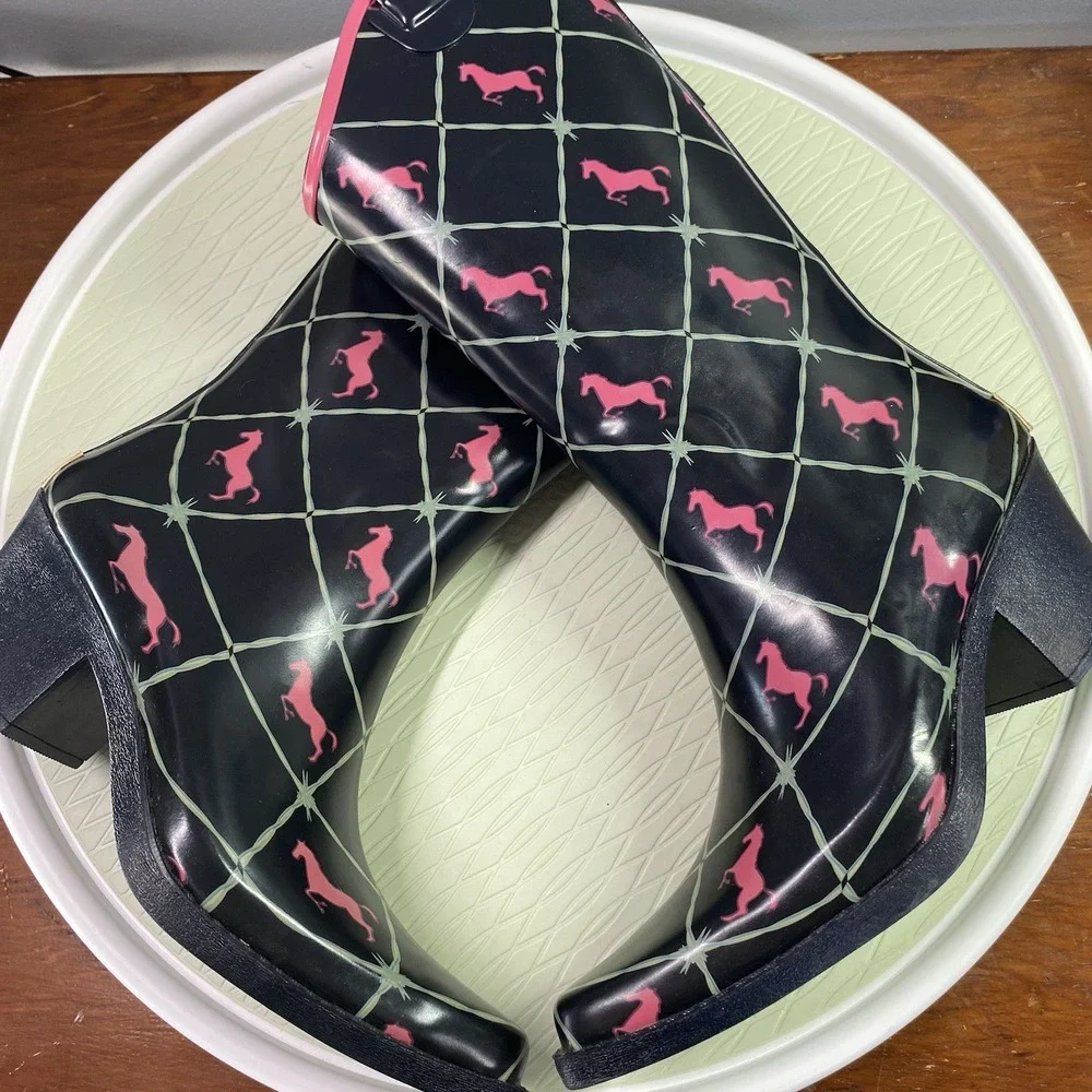 Bit & Bridle Black Rain Boots with Pink Horse Pattern